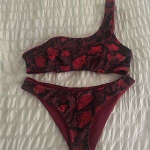 Maroon Red Snakeskin One Shoulder Swim Set size Medium